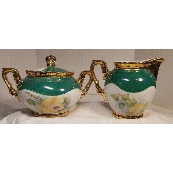 Vintage Porcelain Yellow Rose Creamer & Sugar Bowl Gold Trim - Picture 2 of 6